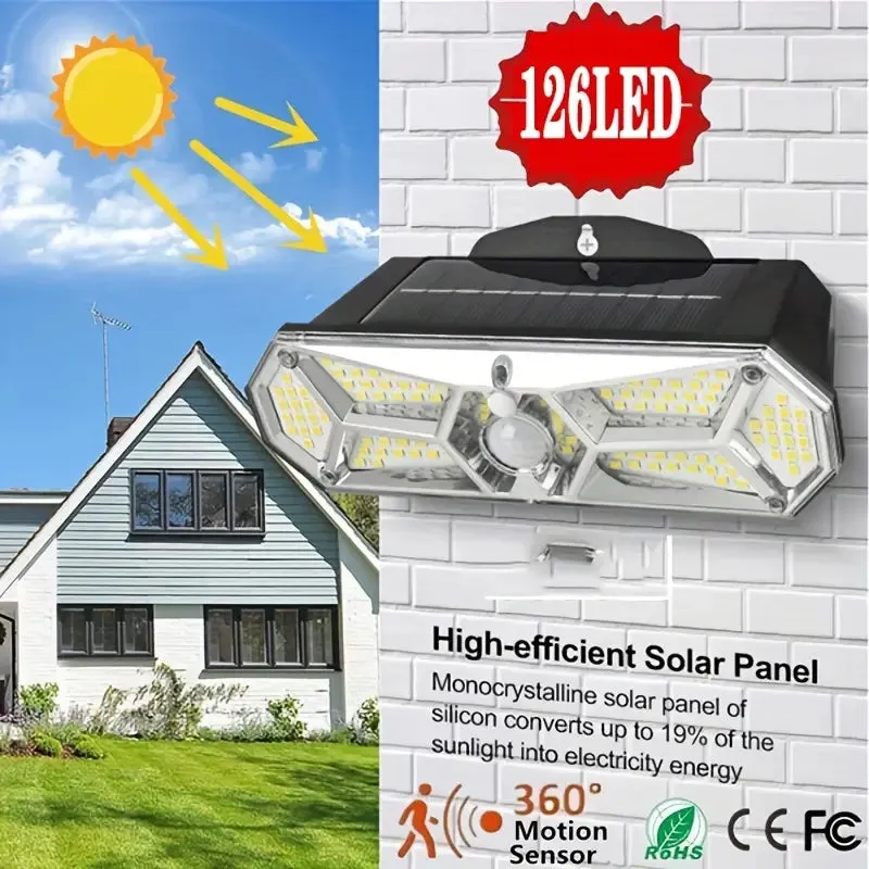 126 LEDs Portable Solar Security Lights, IP65 Waterproof Wireless Exterior Flood Light Detected Light
