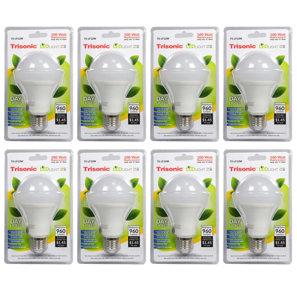8 Pc LED Light Bulb Daylight 12 Watt Energy 960 Lumens 100 W Output Replacement