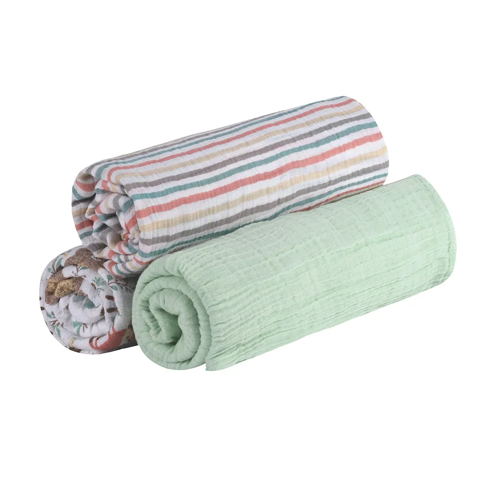 Abracadabra Cotton Muslin Swaddle For Newborns Pack of 3 (Bambi & Friends) - Multicolor
