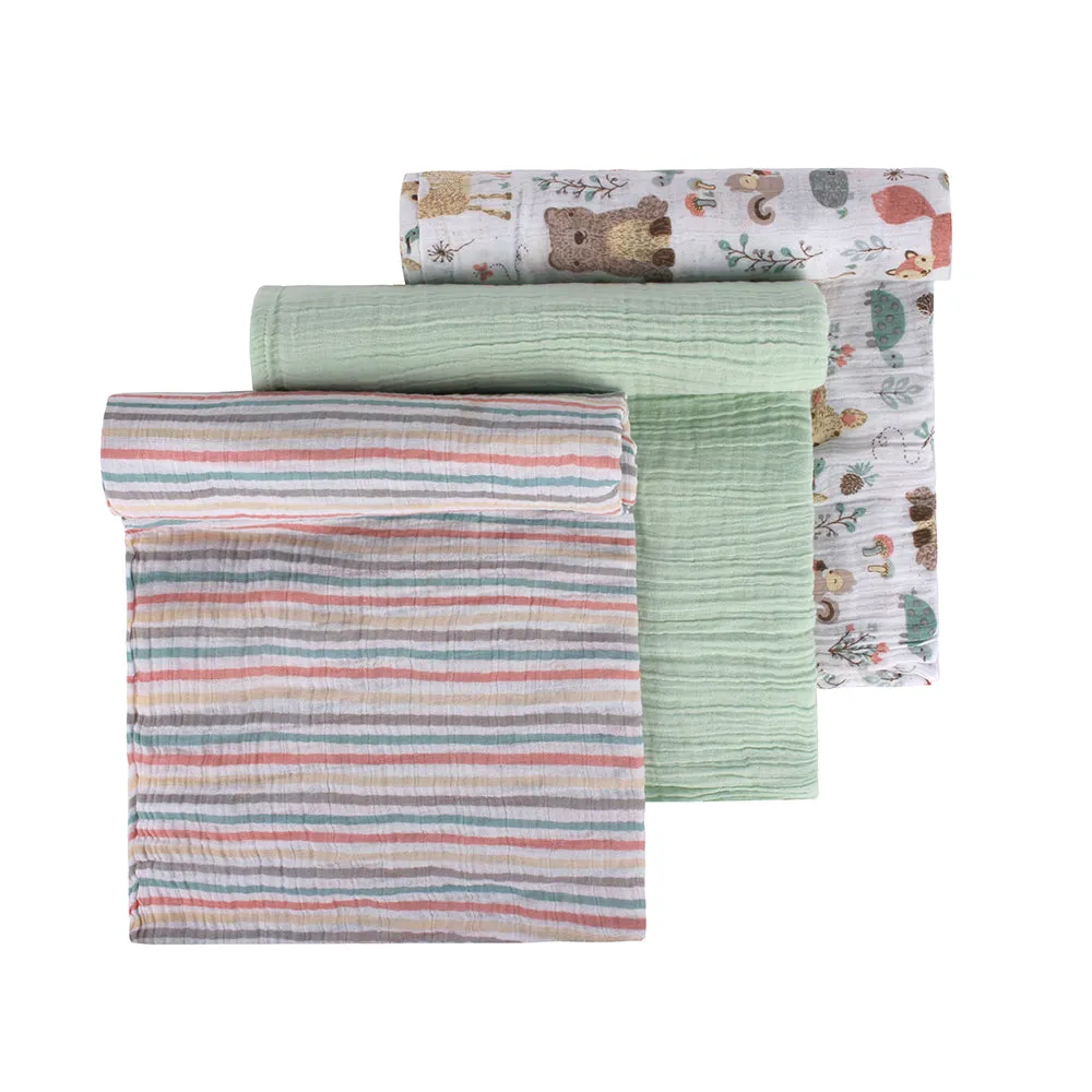 Abracadabra Cotton Muslin Swaddle For Newborns Pack of 3 (Bambi & Friends) - Multicolor