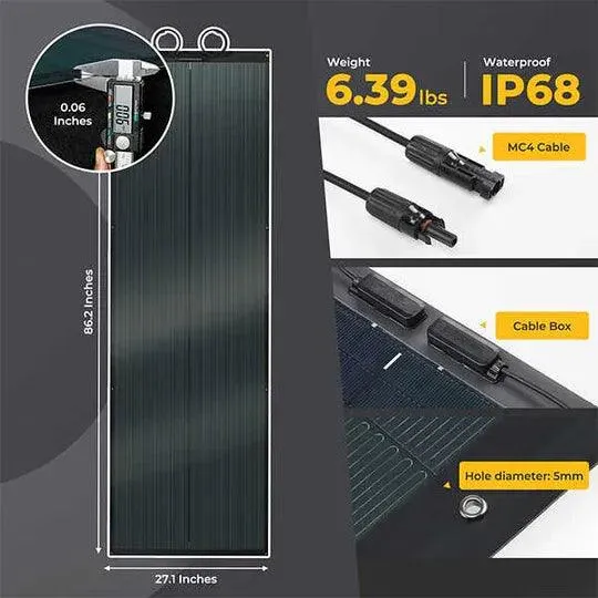 BougeRV Yuma 200W CIGS Thin-film Flexible Solar Panel (Rectangle with Holes)