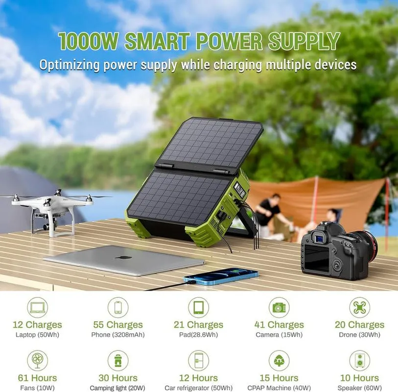 BROWEY Portable Power Station with Built-In Solar Panel, 614Wh/192000Mah Lifepo4 Battery Pack, 1000W Solar Generator with AC/DC/USB/PD Outputs for Outdoor Camping, RV Travel, Emergency Preparedness