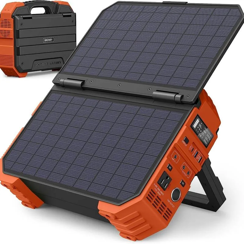 BROWEY Portable Power Station with Built-In Solar Panel, 614Wh/192000Mah Lifepo4 Battery Pack, 1000W Solar Generator with AC/DC/USB/PD Outputs for Outdoor Camping, RV Travel, Emergency Preparedness