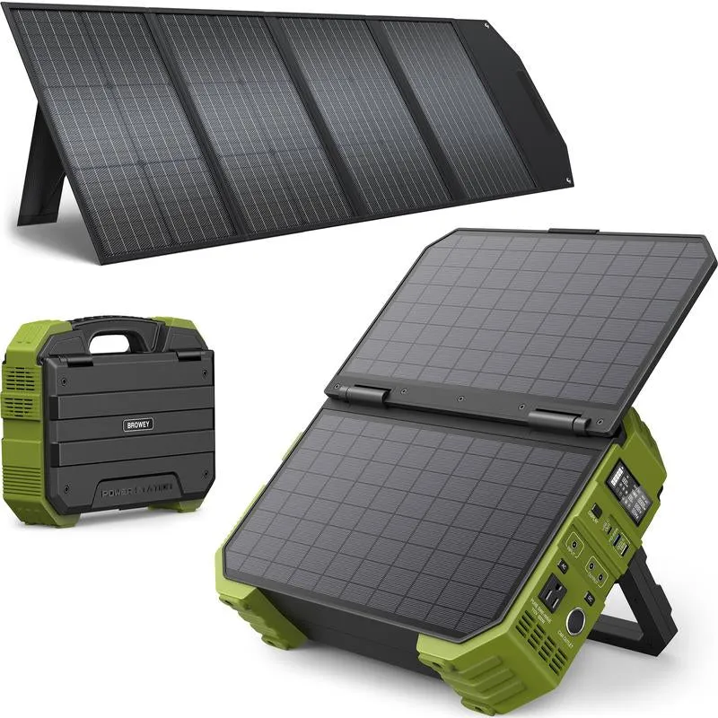 BROWEY Portable Power Station with Built-In Solar Panel, 614Wh/192000Mah Lifepo4 Battery Pack, 1000W Solar Generator with AC/DC/USB/PD Outputs for Outdoor Camping, RV Travel, Emergency Preparedness