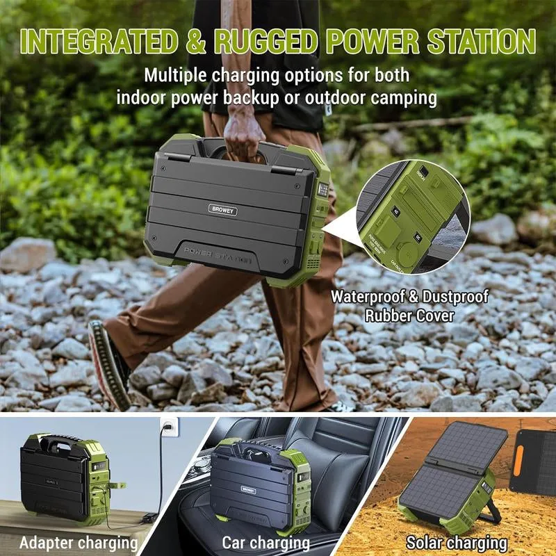 BROWEY Portable Power Station with Built-In Solar Panel, 614Wh/192000Mah Lifepo4 Battery Pack, 1000W Solar Generator with AC/DC/USB/PD Outputs for Outdoor Camping, RV Travel, Emergency Preparedness