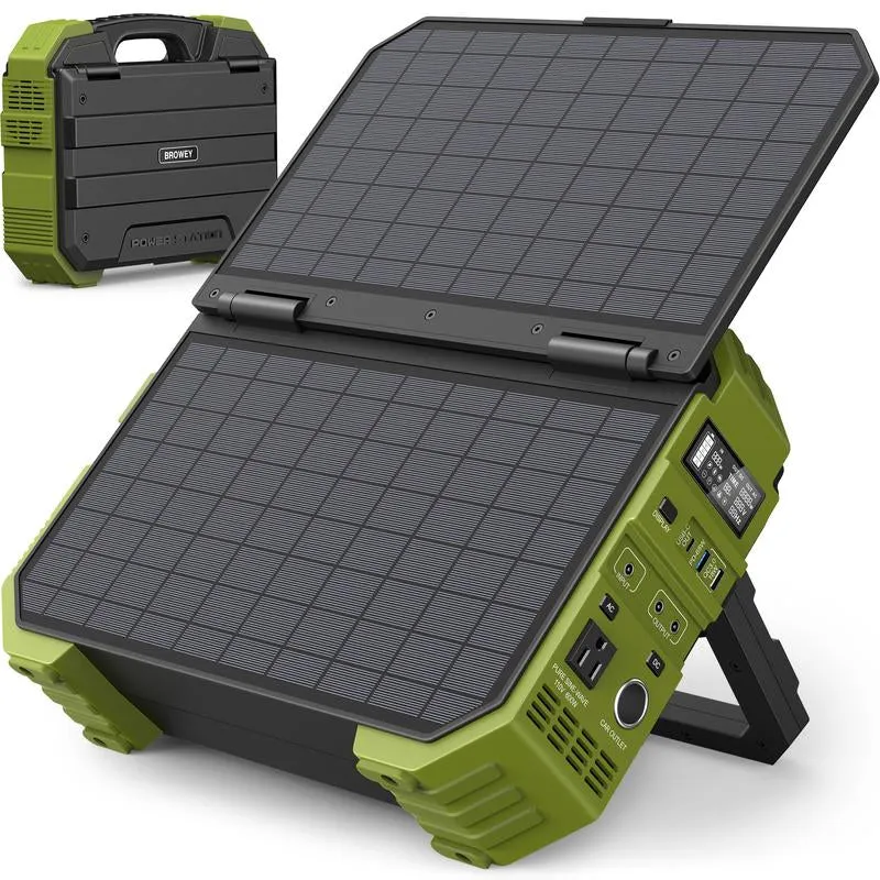 BROWEY Portable Power Station with Built-In Solar Panel, 614Wh/192000Mah Lifepo4 Battery Pack, 1000W Solar Generator with AC/DC/USB/PD Outputs for Outdoor Camping, RV Travel, Emergency Preparedness