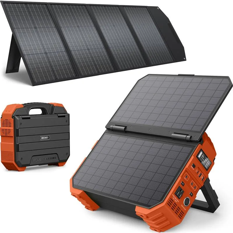BROWEY Portable Power Station with Built-In Solar Panel, 614Wh/192000Mah Lifepo4 Battery Pack, 1000W Solar Generator with AC/DC/USB/PD Outputs for Outdoor Camping, RV Travel, Emergency Preparedness