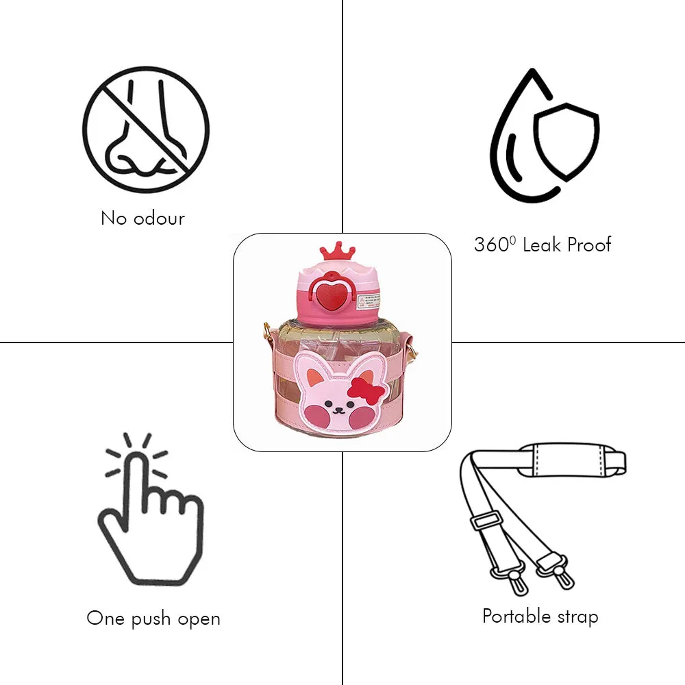 Little Surprise Box, Pink Rabbit With Crown Lid Water Bottle For Toddlers And Kids, 600Ml