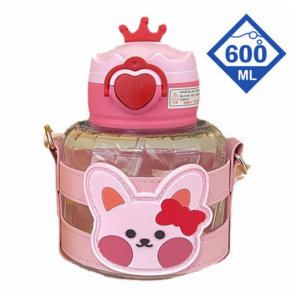 Little Surprise Box, Pink Rabbit With Crown Lid Water Bottle For Toddlers And Kids, 600Ml