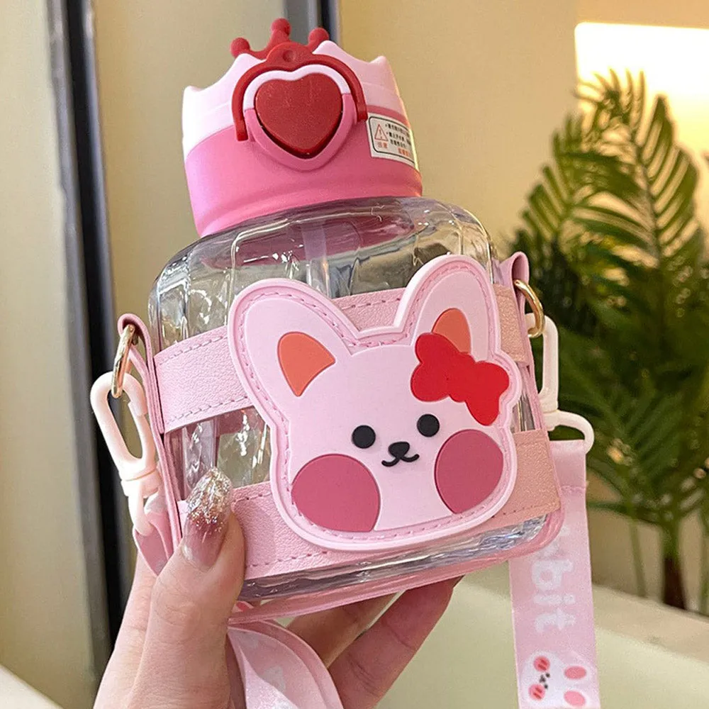 Little Surprise Box, Pink Rabbit With Crown Lid Water Bottle For Toddlers And Kids, 600Ml