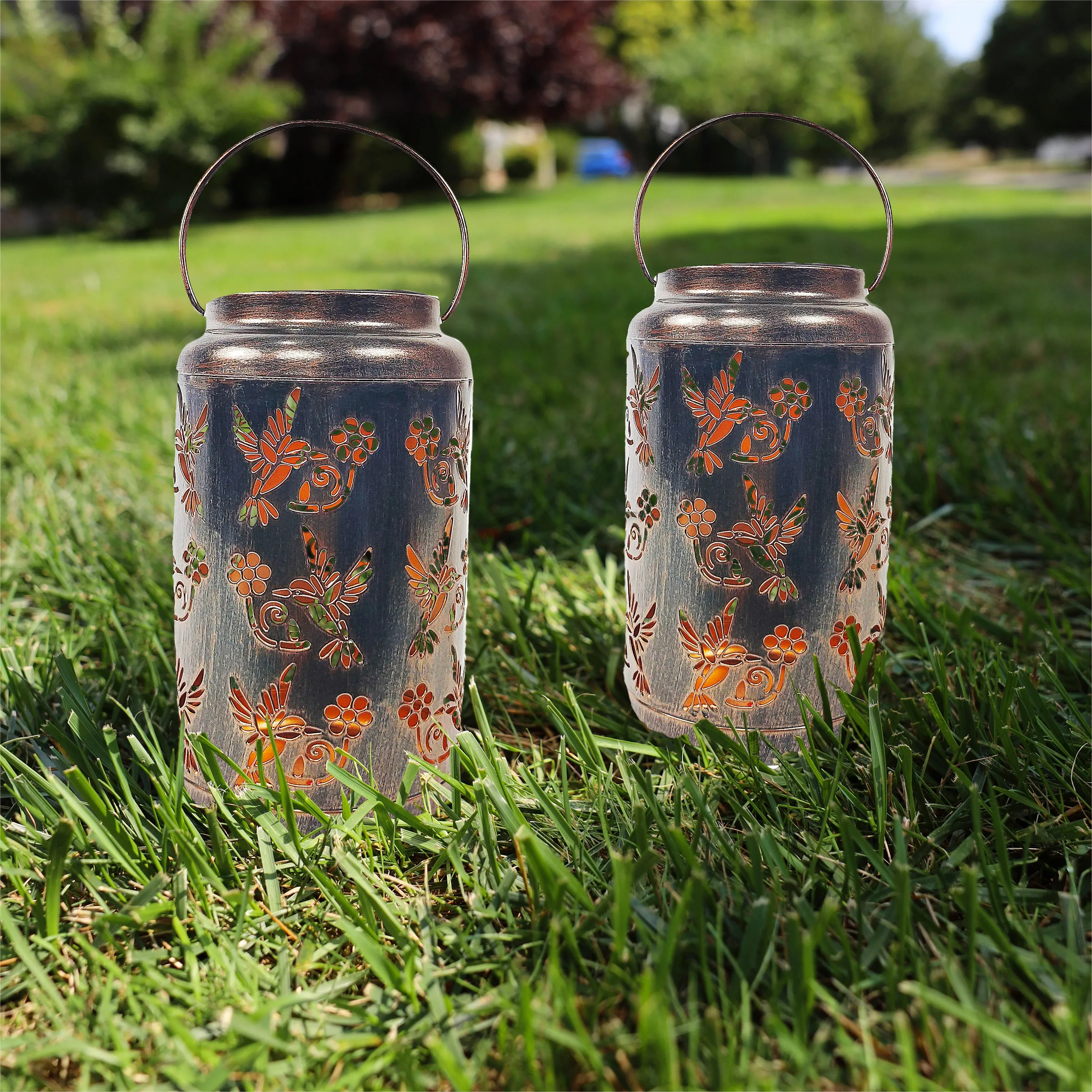 Set of 2 Solar LED Lanterns w/ Humming Bird Design & Hand Painted Finish | 9-in. Tall | Waterproof IP44