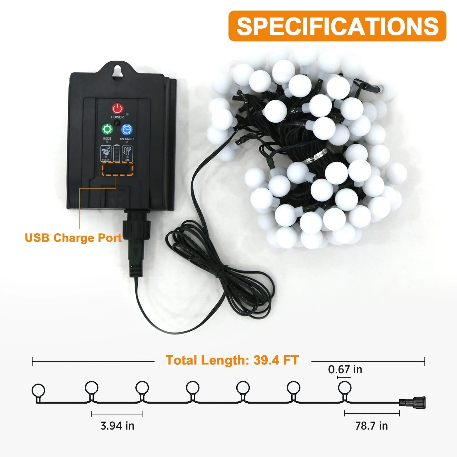 Solar-powered Globe String Lights 39 ft 100 LED with Remote Control, 8 Modes, Waterproof Indoor Outdoor Fairy Lights