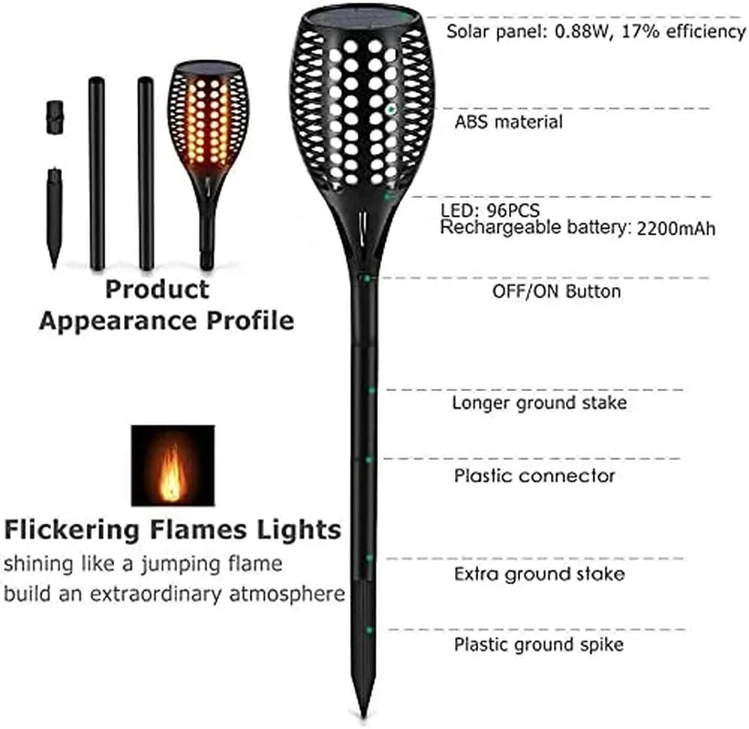 Upgraded Larger Solar Torch Lights, Waterproof Outdoor Dancing Flames Lights, Flickering Flames Garden Lights, Landscape Decoration Pathway Patio Lights 43" 96 LED (4 Pack)